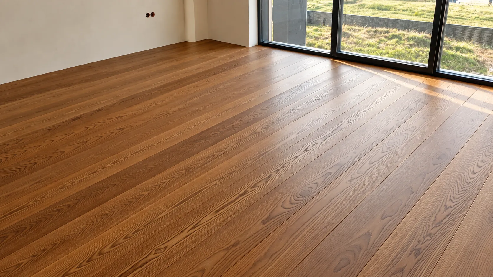 Wide Thermo Ash floorboards in an interior in Piotrkowice